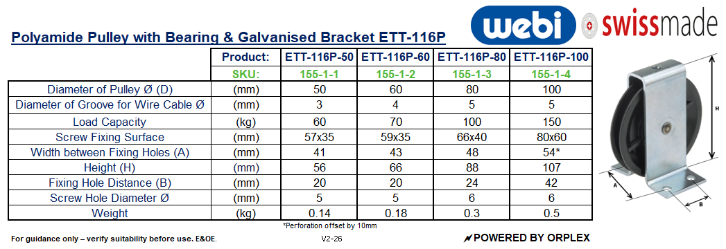Technical Specification table for Webi ETT-116P Black Polyamide Pulley with Galvanised steel bracket