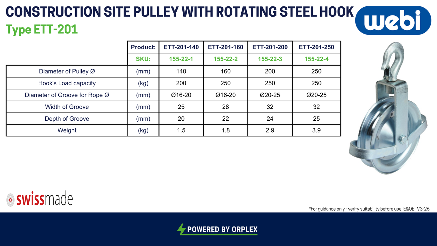 Technical Specifications Table for WEBI Construction Site Pulley with Rotating Steel Hook, Type ETT-201