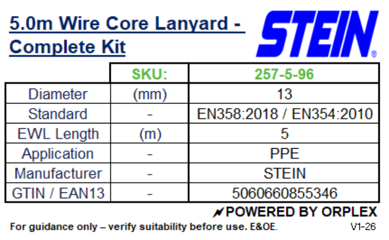 Stein 5.0m Wire Core Lanyard Complete Kit specifications table with product details.