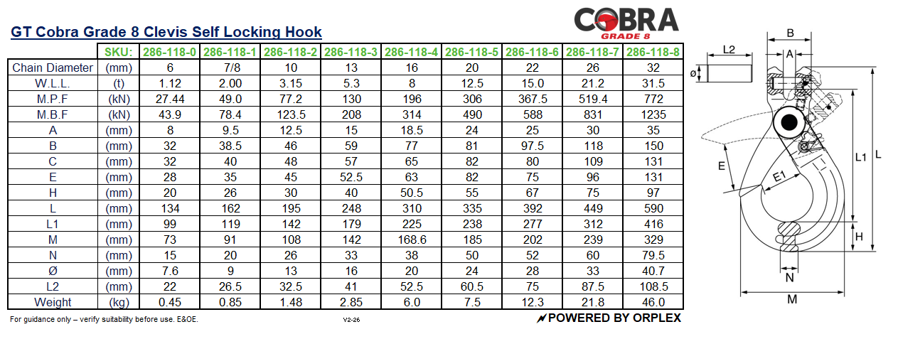Technical drawing and specifications of a GT Cobra Grade 8 Clevis Self-Locking Hook