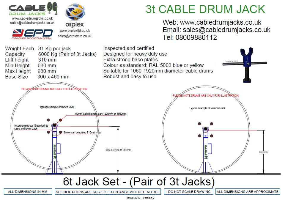 6.0t Cable Drum Jack Set - Manual Screw Type - from JACKITUP general arrangement and dimensions