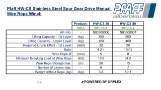 Pfaff HW-CS 300kg Stainless Steel Spur Gear Drive Manual Wire Rope Winch