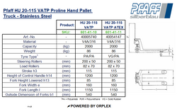 Pfaff HU VATP ATEX Proline Range Stainless Steel Pallet Truck – 2000kg