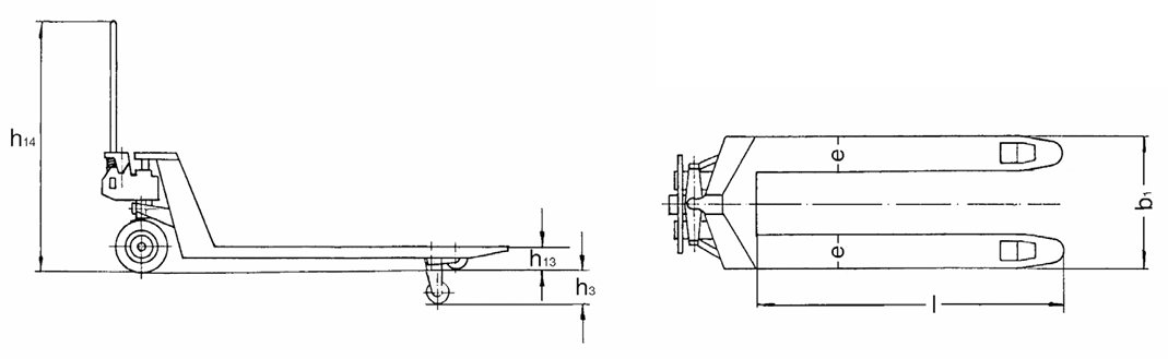 Technical Drawing with dimensions labelled of Pfaff HU 30-115 TP Proline Hand Pallet Truck