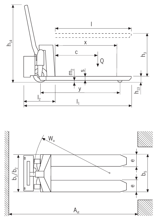Technical Drawing of Pfaff HU ES 10 B Scissor Pallet Truck with Dimensions Labelled