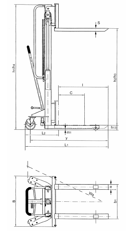 Technical Drawing of Pfaff HV 0516 Manual Drive Stacker with Dimensions Labelled