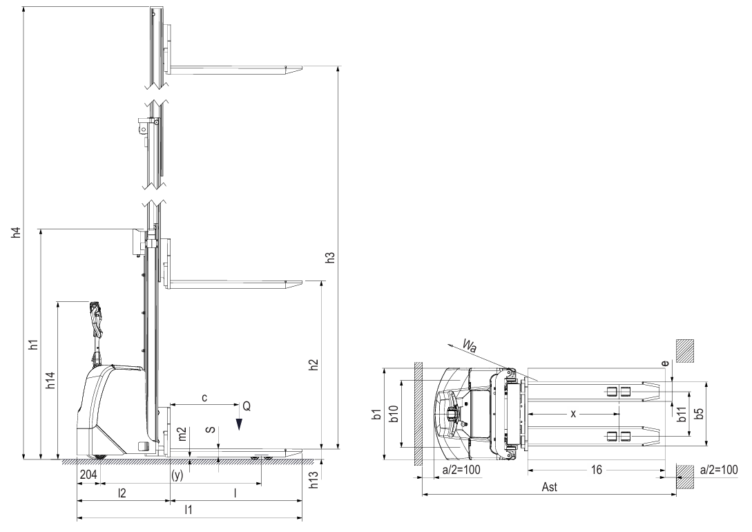 Technical Drawing of Pfaff EGV PSH II Pedestrian Stacker with dimensions labelled