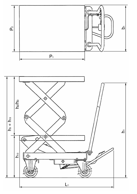 Technical Drawing of Pfaff HF-X Mobile Double Scissor Lift Platform with dimensions labelled