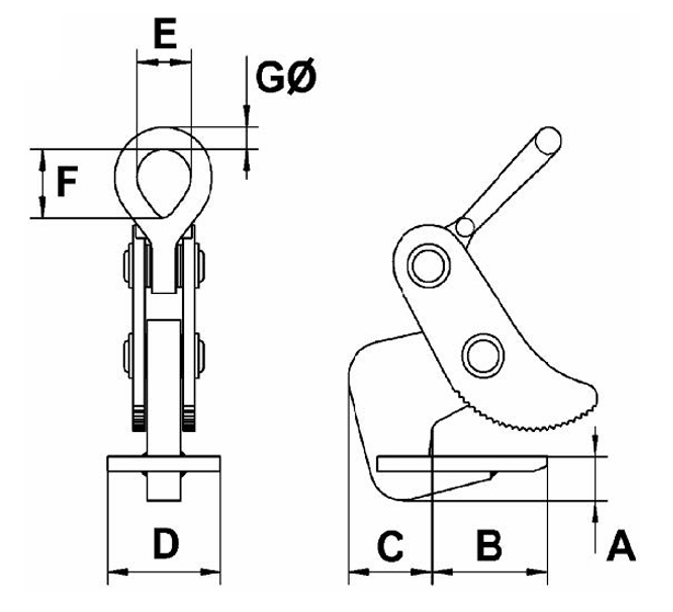 Technical Drawing with Dimensions Labelled of Yellow and Black Camlok CH Horizontal Plate Clamp