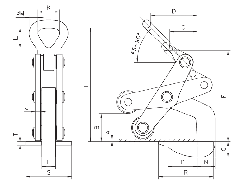 Technical Drawing with Dimensions Labelled of Yellow and Black Camlok RH Horizontal Plate Clamp with Roller