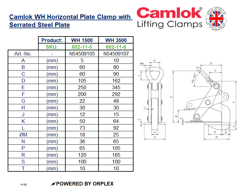 Table of Dimensions and Technical Drawing for Yellow and Black Camlok WH Horizontal Plate Clamp with Serrated Steel Plates