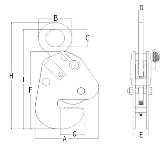 Technical Drawing with Dimensions Labelled of Yellow and Black Camlok CG Standard Girder Turning Clamp