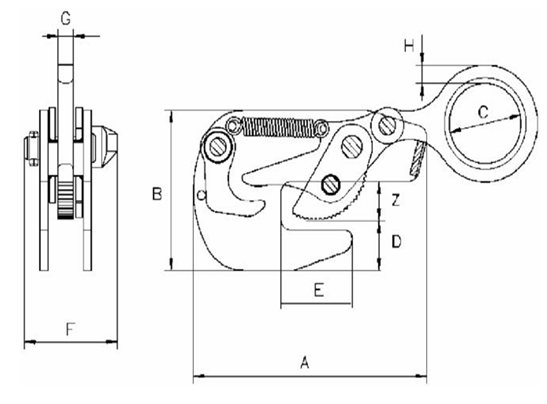 Technical drawing with dimensions labelled for Yellow Camlok TTT Split Toe Plate Horizontal Girder Clamp