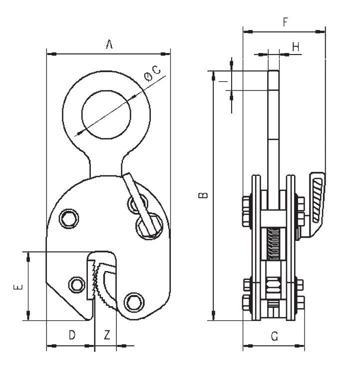 Technical Drawing with Dimensions Labelled of Yellow and Black Camlok 92 Series Vertical Plate Clamp