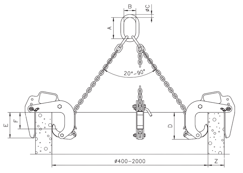 Technical Drawing with Dimensions Labelled for Yellow and Black Camlok BTG Concrete Pipe Lifting Clamp