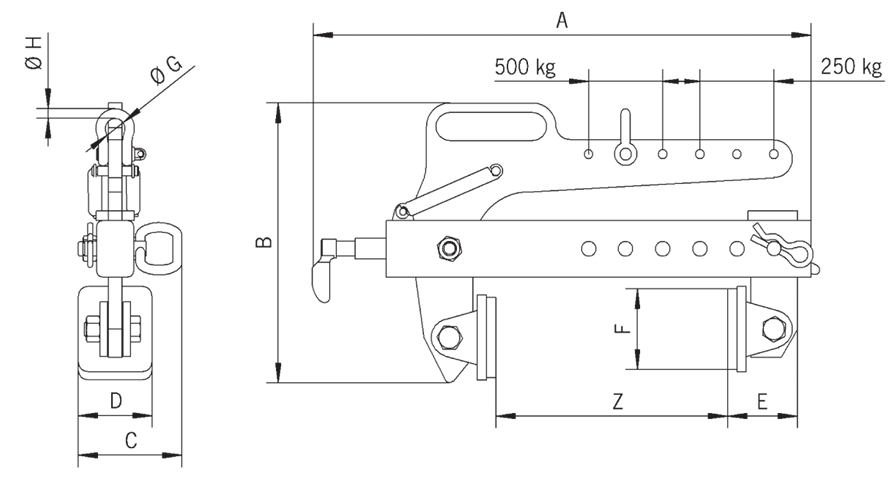 Technical drawing of Yellow Camlok TSA Lightweight Block Grab