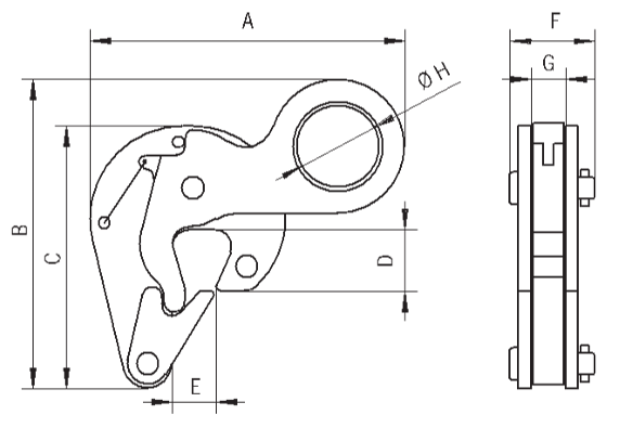 Technical drawing showing dimensions labelled for Yellow Camlok DC500 Drum Clamp