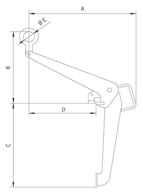 Technical drawing with dimensions labelled for Yellow Camlok DCV500 Vertical Lift Drum Clamp