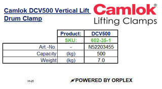 Camlok DCV 500kg Vertical Lift Drum Clamp