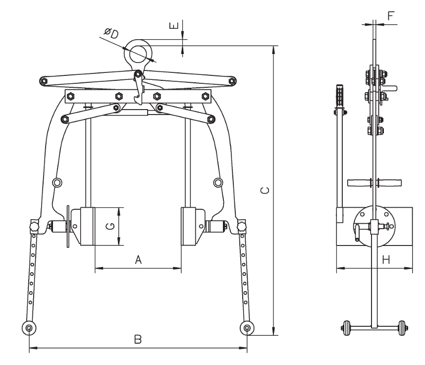 Technical drawing with dimensions labelled for Yellow Camlok DBT300 Drum Grab