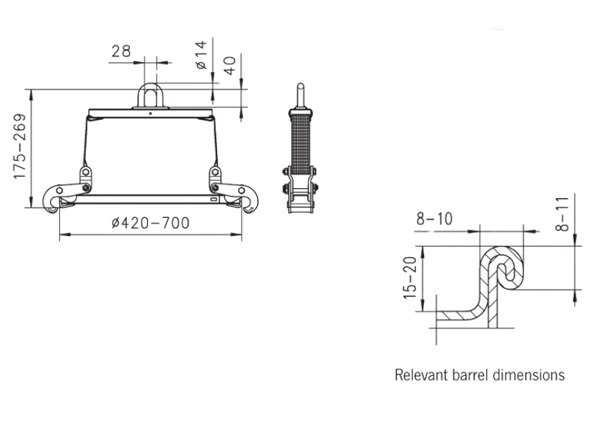 Technical drawing with dimensions labelled for Yellow Camlok DA Low Headroom Drum Grab