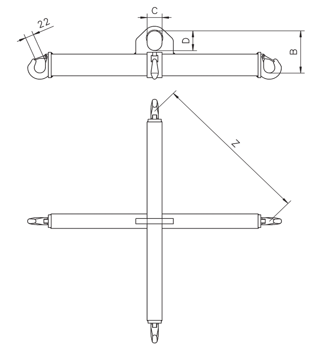 Technical drawing showing dimensions labelled for Yellow Camlok TTB Spreader Beam for Big Bags