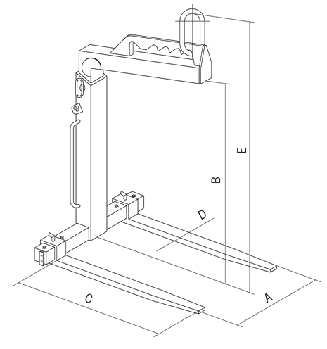Technical drawing showing dimensions labelled for Yellow and Black Camlok TKG-VH Manual Balance Crane Forks