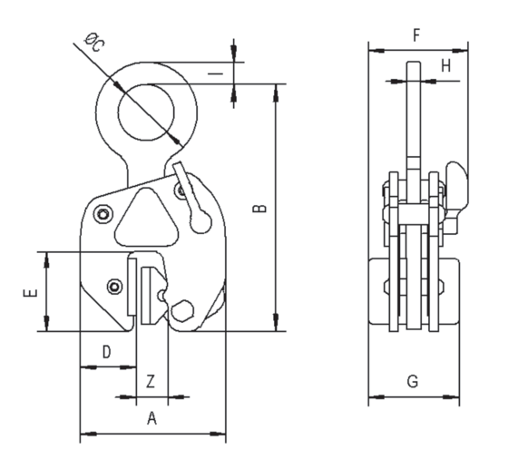 Technical Drawing with Dimensions Labelled of Yellow and Black Camlok LJ Non-Marking Vertical Plate Clamp