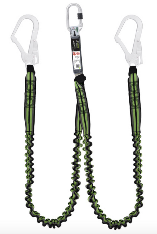 Kratos - 1.5m Gravity Y Forked Shock Absorbing Expandable Webbing Lanyard with Twin Scaff Hooks 1.5m