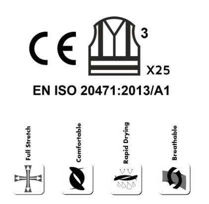Set of symbols and text related to a safety vest, including CE, EN ISO 20471:2013/A1, and comfort features.