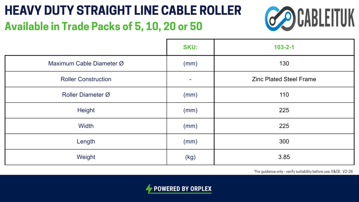Product specifications for a Cableituk Heavy Duty Straight Line Cable Roller