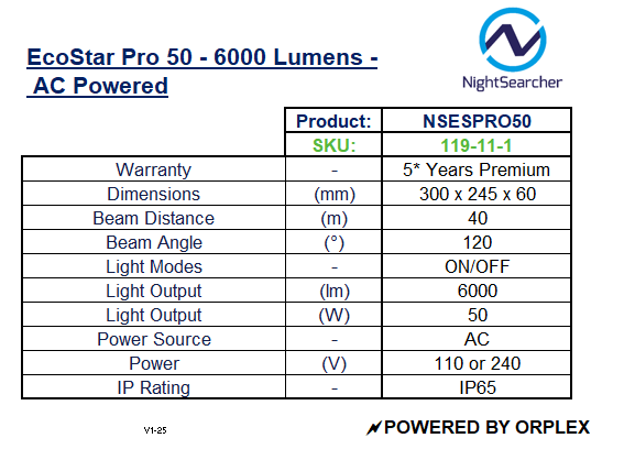 Product specifications table for EcoStar Pro 50 light source with NightSearcher branding.