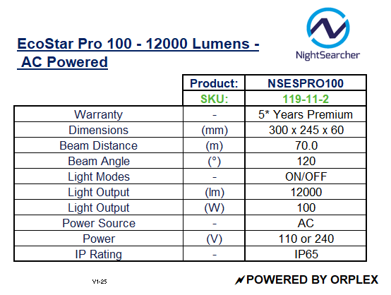 Product specifications table for EcoStar Pro 100 light source with NightSearcher branding.