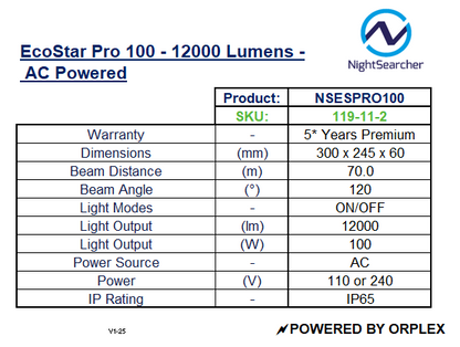 Product specifications table for EcoStar Pro 100 light source with NightSearcher branding.