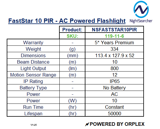 Product specifications table for FastStar 10 PIR AC Powered Flashlight with NightSearcher branding.