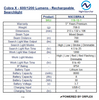 Product specifications table for Cobra X rechargeable searchlight with NightSearcher branding.