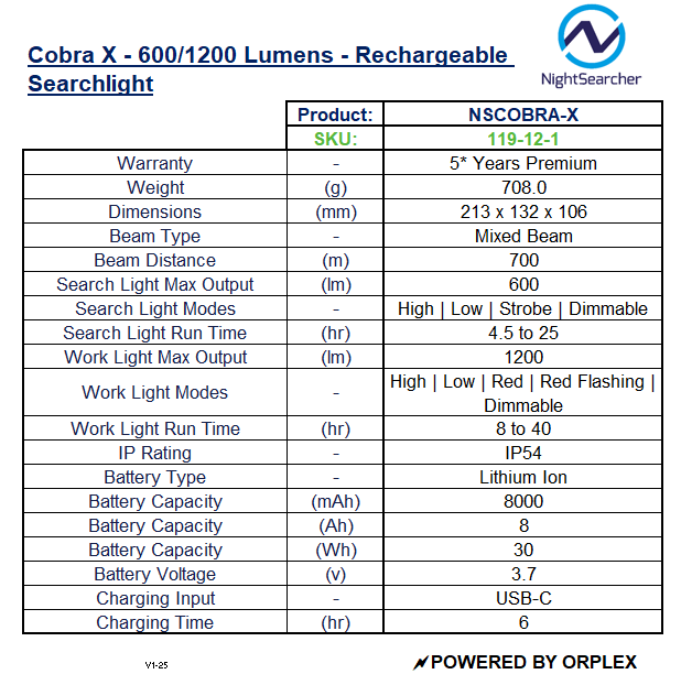 Product specifications table for Cobra X rechargeable searchlight with NightSearcher branding.