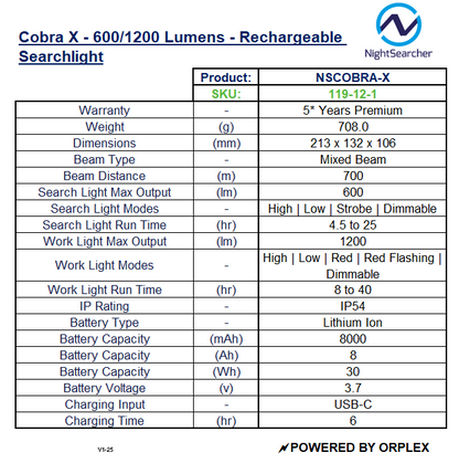 Product specifications table for Cobra X rechargeable searchlight with NightSearcher branding.