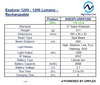 Product specifications table for NightSearcher NSEXPLORER1200 flashlight.