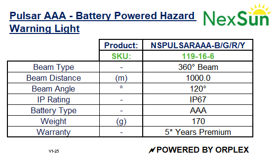 Product specification sheet for NexSun Pulsar AAA battery-powered hazard warning light.