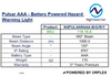 Product specification sheet for Pulsar AAA battery-powered hazard warning light with NightSearcher branding.