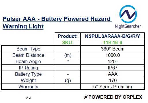 Product specification sheet for Pulsar AAA battery-powered hazard warning light with NightSearcher branding.