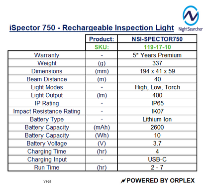 Product specifications table for NightSearcher iSpector 750 rechargeable inspection light.