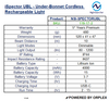 Product specifications table for Nightsearcher iSpector UBL Under-Bonnet Cordless Rechargeable Light