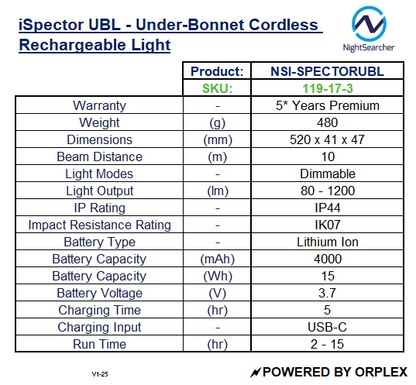 Product specifications table for Nightsearcher iSpector UBL Under-Bonnet Cordless Rechargeable Light