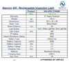 Technical specifications table for Nightsearcher iSpector 400 rechargeable inspection light.