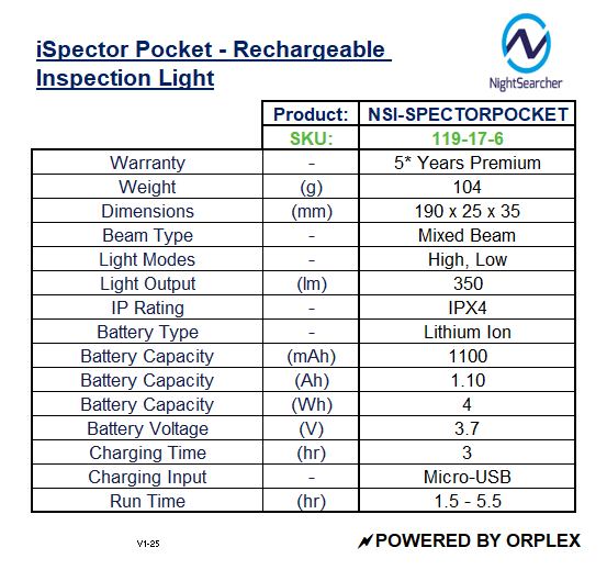 Product specifications table for iSpector Pocket rechargeable inspection light by NightSearcher.