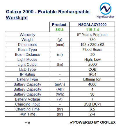 Product specifications table for NightSearcher Galaxy 2000 portable rechargeable work light