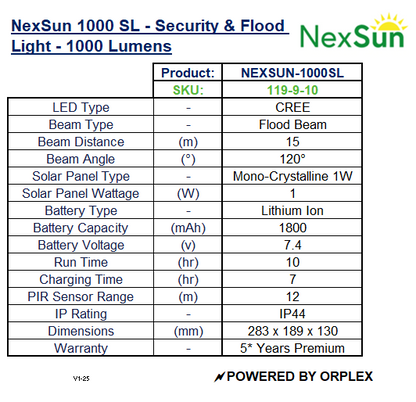 Product specifications table for NexSun 1000 SL security and flood light