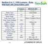 Product specifications table for NexSun 2-in-1 solar wall light with detachable light